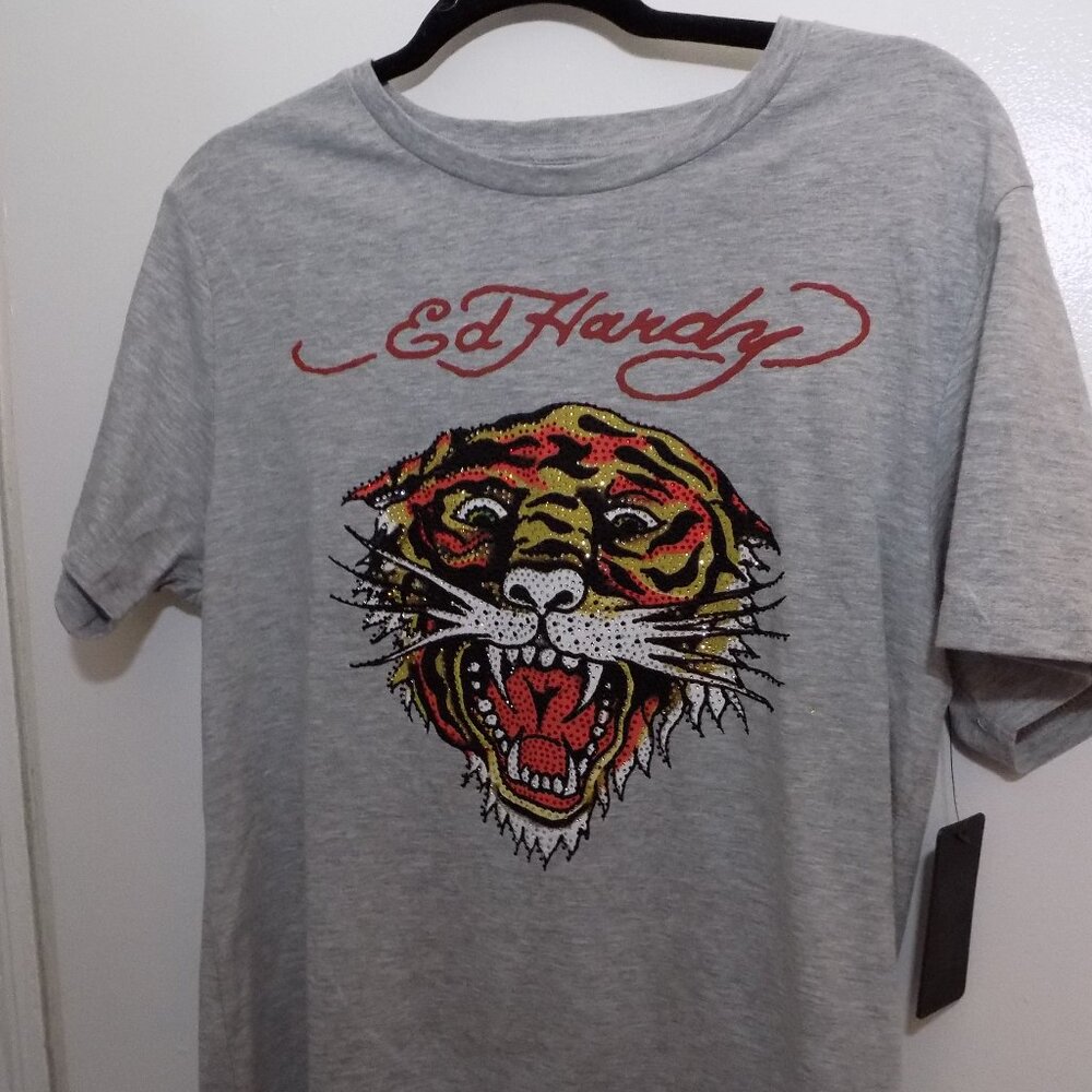 New Ed Hardy Rhinestone Jeweled Tiger T-Shirt Men Retro 1990's Graphic Size M